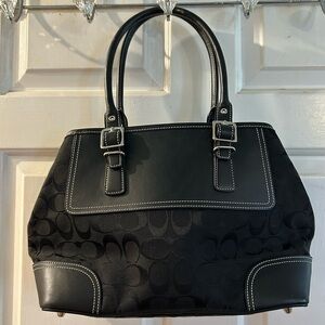 Coach Black Signature Jacquard Satchel with Leather Trim